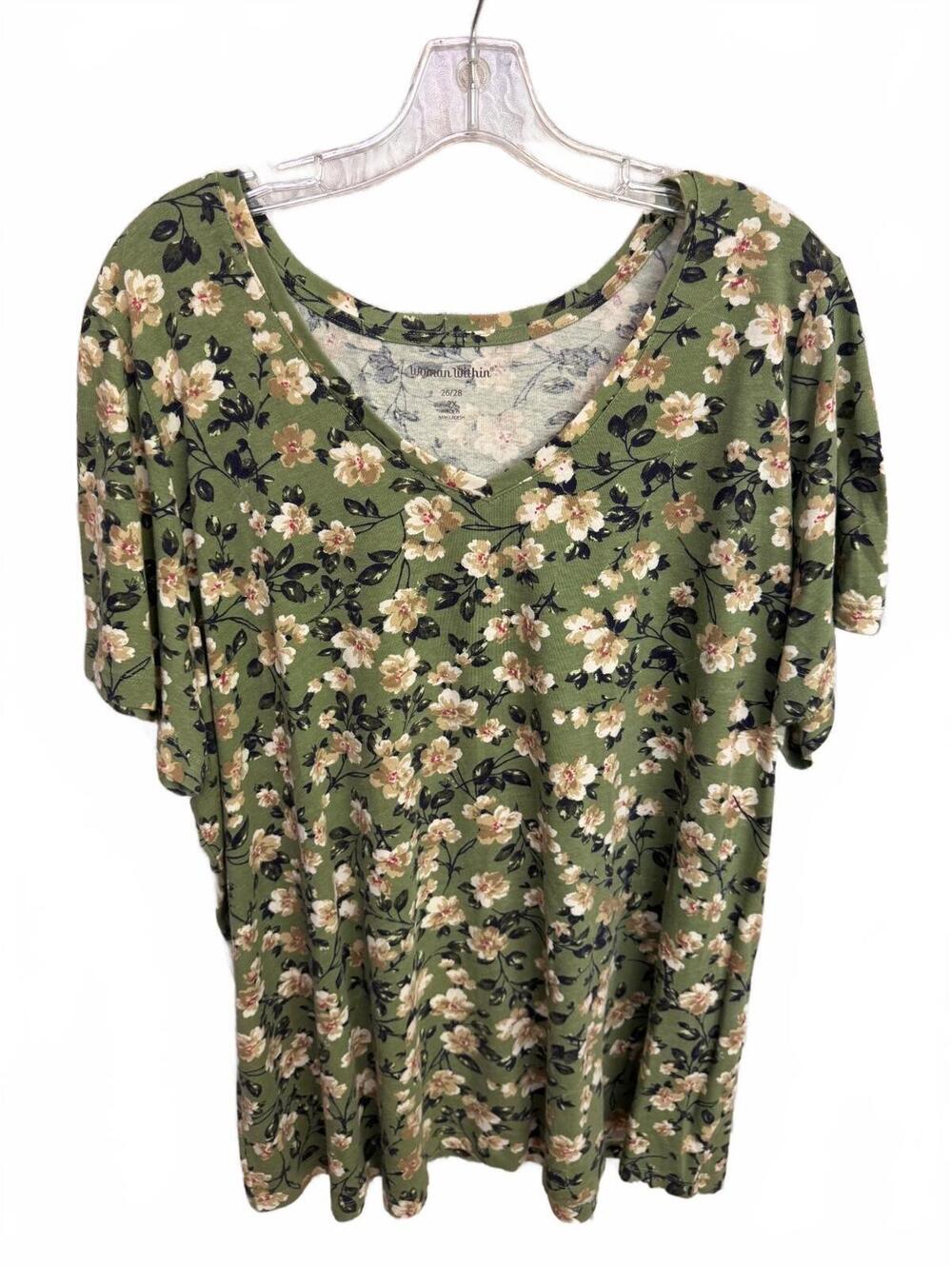 311 Woman Within 2X 30" PTP Floral Print Short Sleeve Top Green Floral R0000311